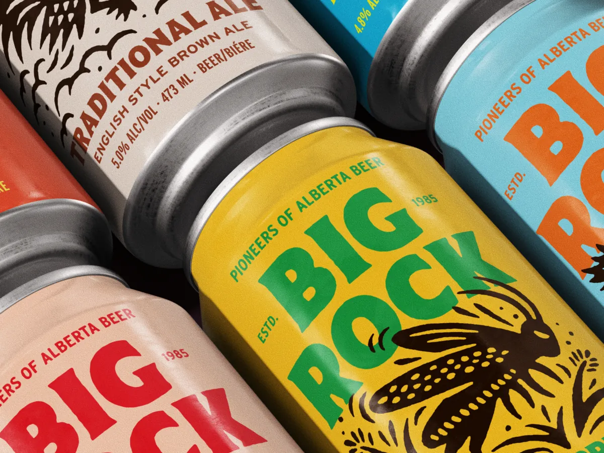 Big Rock cans arranged label-up in a flat-lay detail.