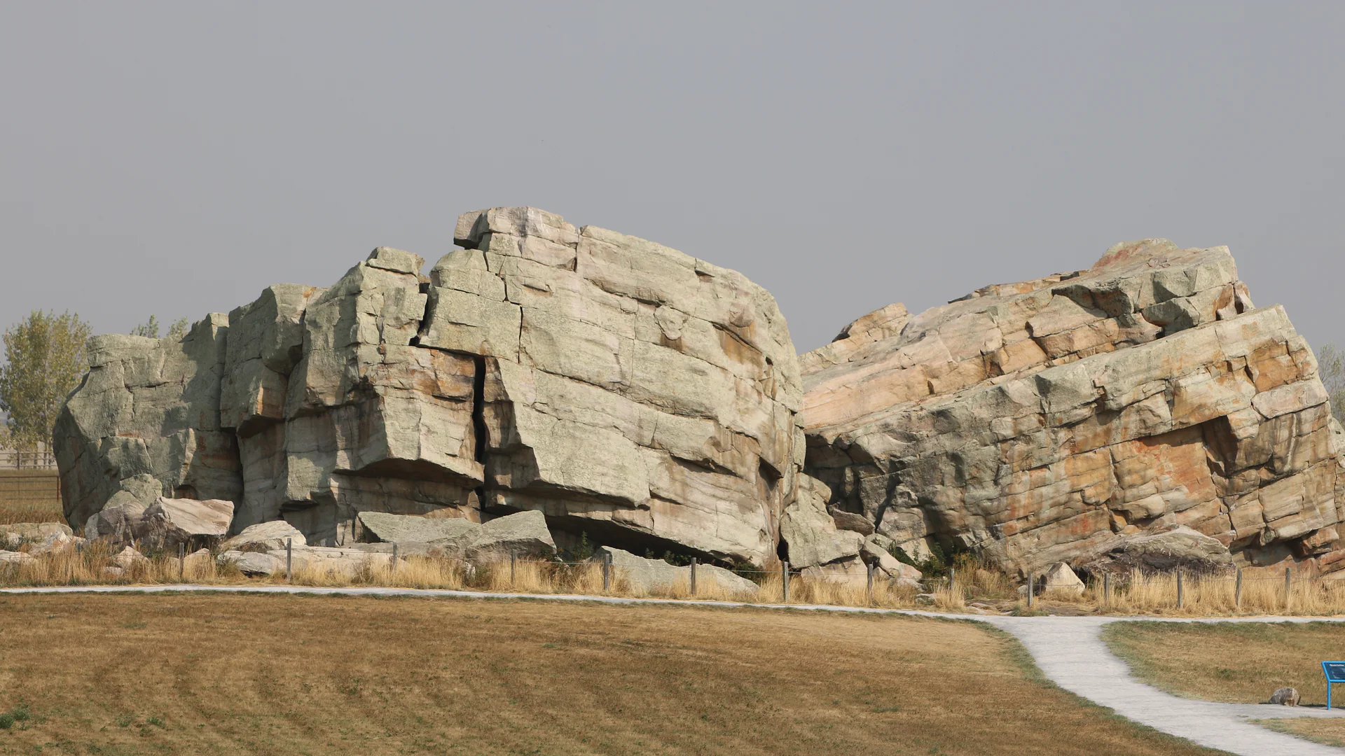 The split Okotoks Erratic on open Alberta prairie.