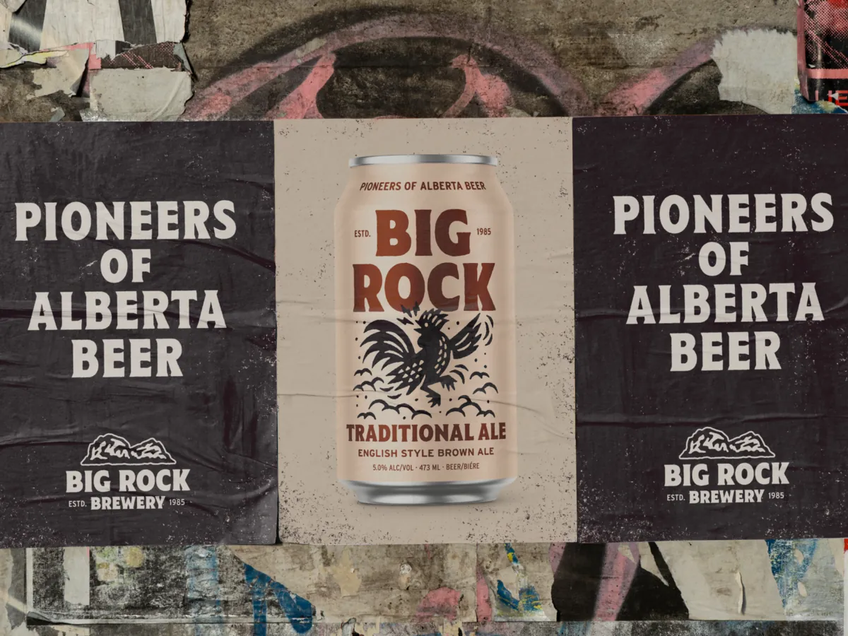 Big Rock posters wildposted in rows on a city wall.
